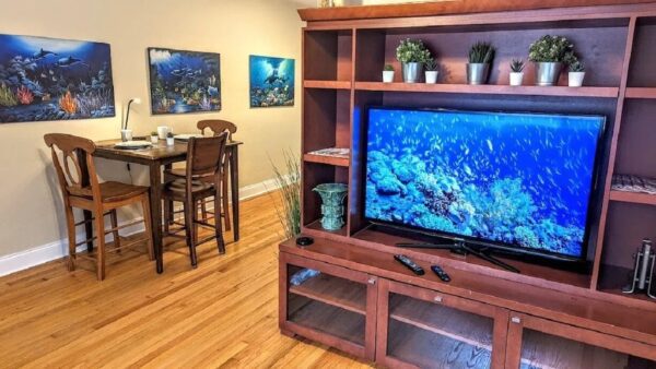 a television set and a wooden dining table