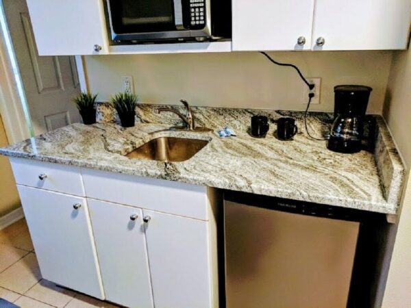 a kitchen countertop with marbled design
